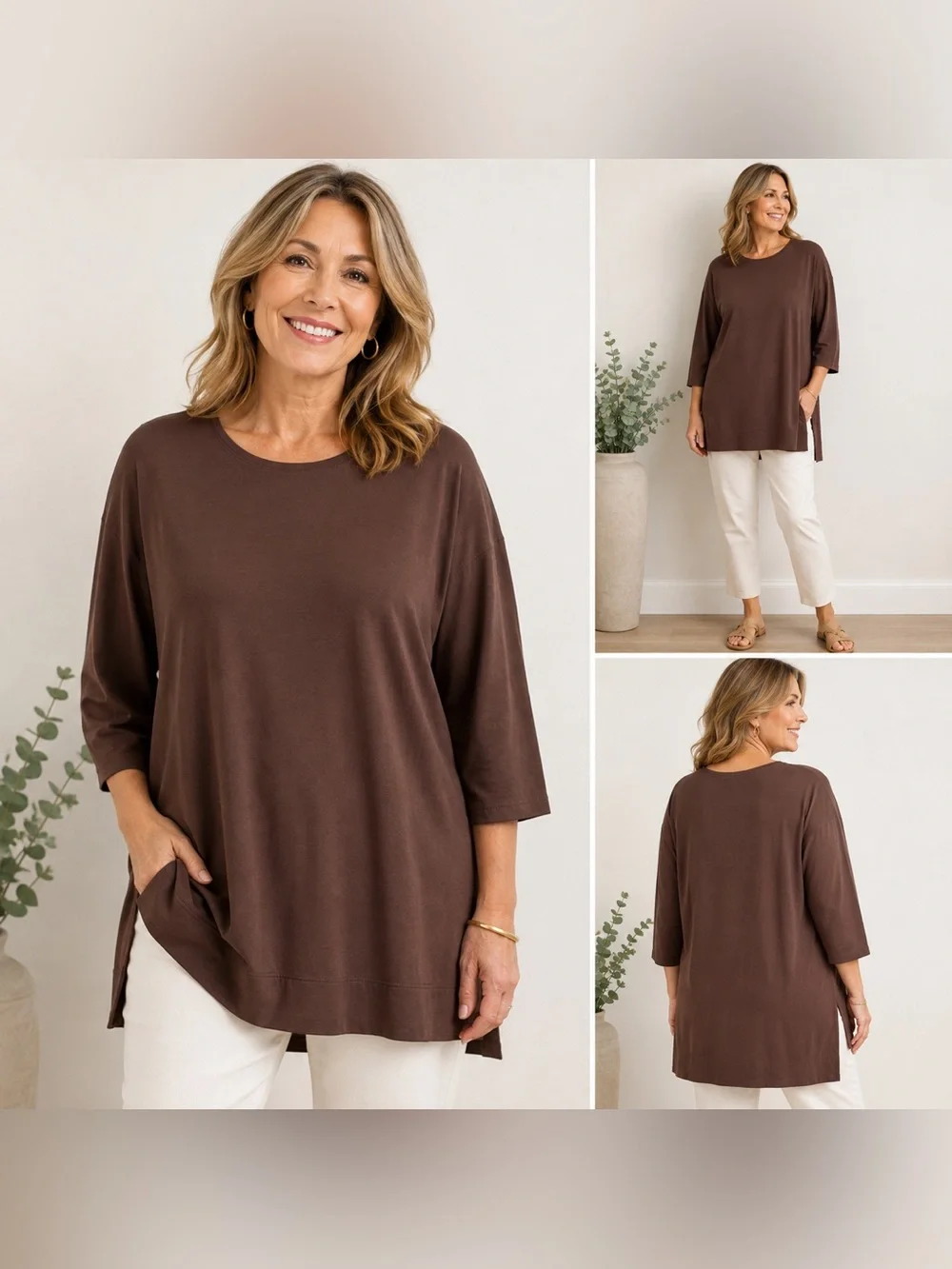 J.Jill Luxe Supima Ballet-Sleeve Tunic Brown Petite Large